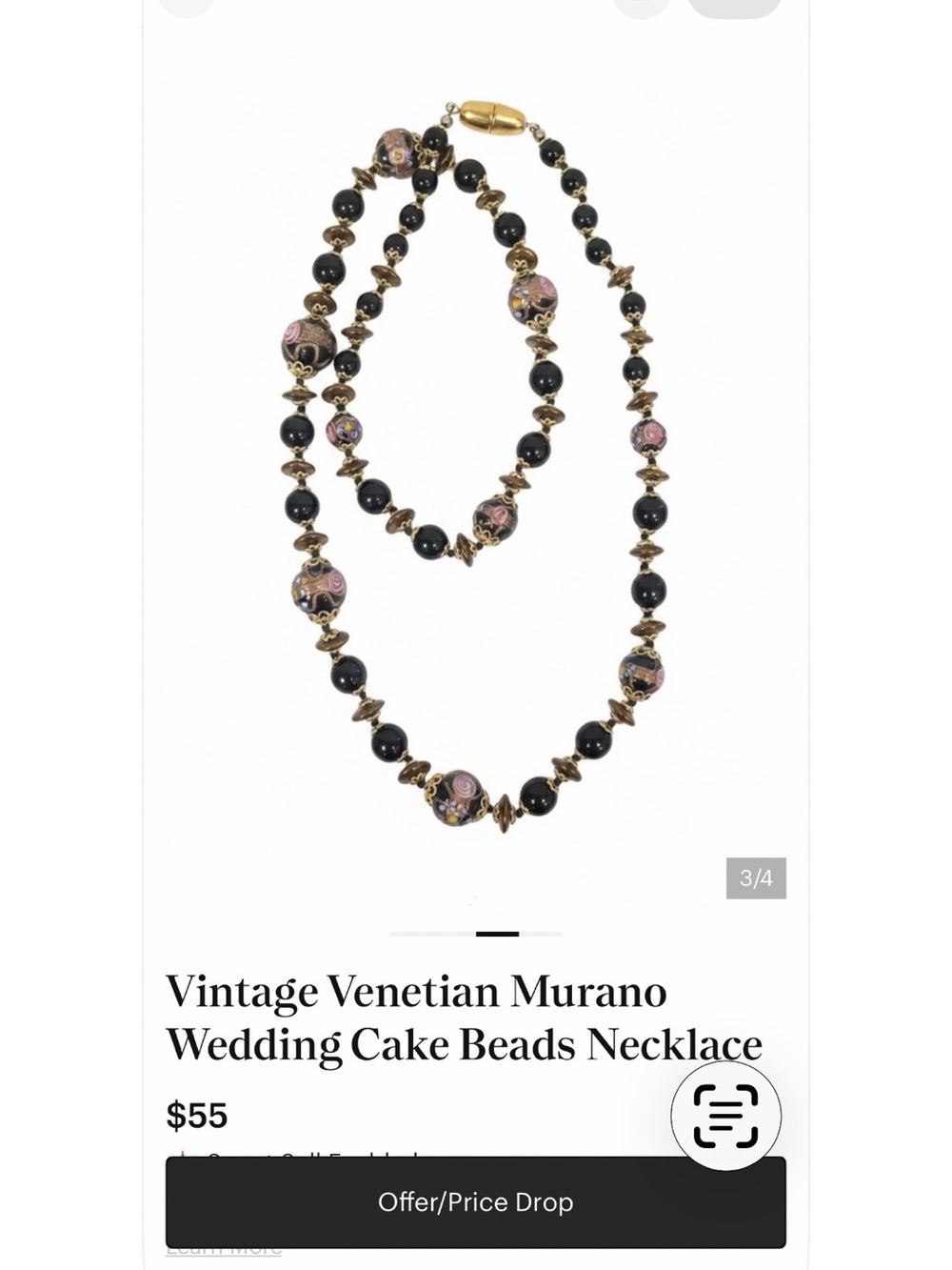 Murano Venetian Black and Pink Floral Wedding Beads